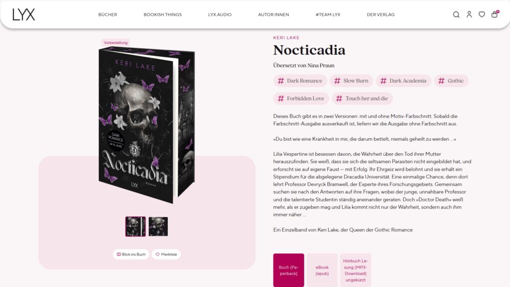 Der Roman "Nocticadia" von Keri Lake, übersetzt von Nina Praun, erscheint am 31. Oktober 2025 im Lyx Verlag, als Taschenbuch oder E-Book.